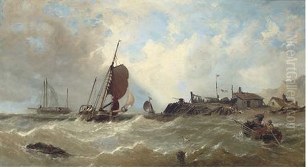 Fishing Vessels Off The South Coast Oil Painting by James Meadows Snr