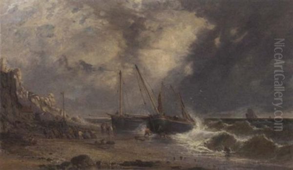 Fishermen Pulling Rye Trawlers Up The Beach Out Of The Surf Oil Painting by James Meadows Snr