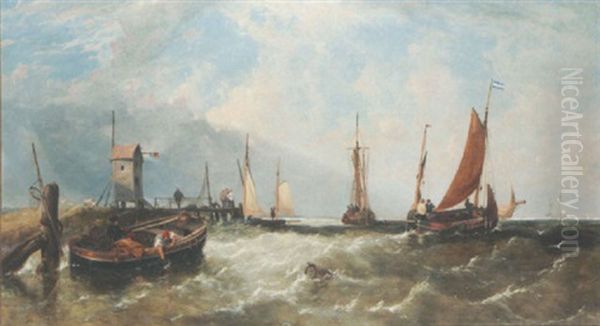 A Fishing Fleet Off A Dutch Headland Oil Painting by James Meadows Snr