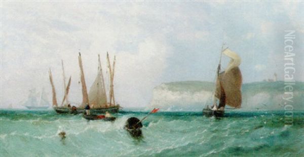 Herring Boats Off Flamborough Head Oil Painting by James Meadows Snr