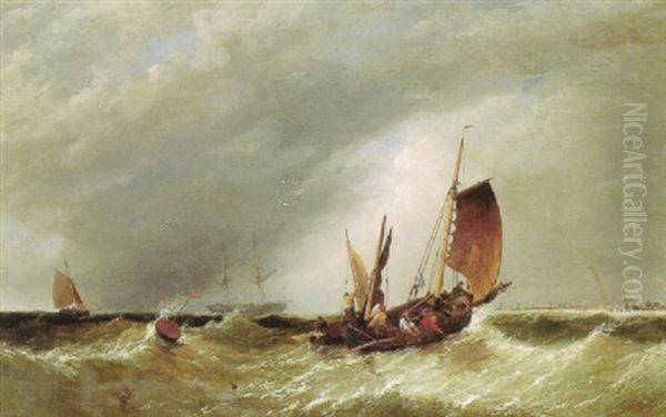 Fishing Boat And Other Vessels Off The Coast Oil Painting by James Meadows Snr