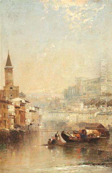 A View Of Verona, 'camogli - In The Riviera', A Pair Oil Painting by Arthur Joseph Meadows