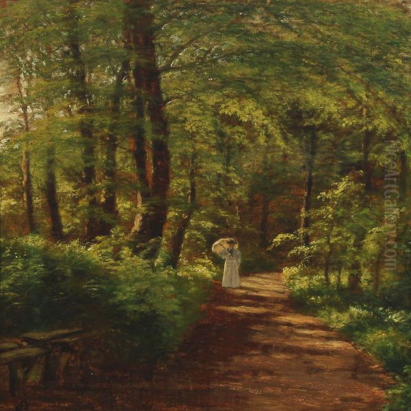 Forest Scenery With Woman Strolling Oil Painting by Christian Berthelsen