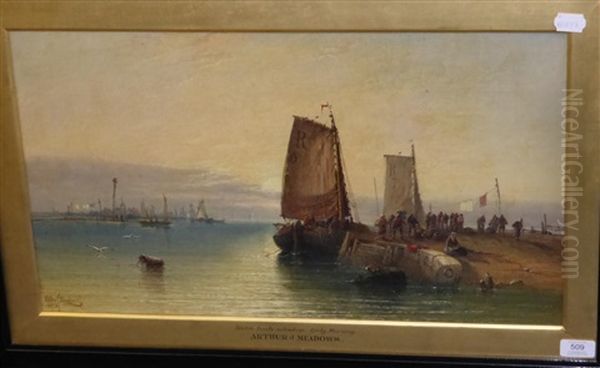 Dutch Boats Unloading, Early Morning Oil Painting by Arthur Joseph Meadows