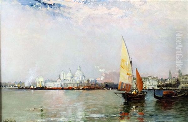 View Of Venice From The Lagoon With Sailing Boat And Gondola To Foreground Oil Painting by Arthur Joseph Meadows