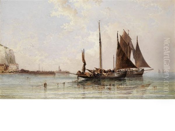 Lugger Off Treport Harbour Oil Painting by Arthur Joseph Meadows