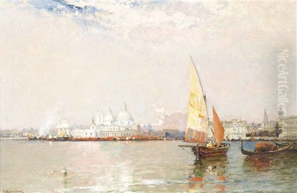 Bragozzi In The Venetian Lagoon Before Santa Maria Della Salute Oil Painting by Arthur Joseph Meadows