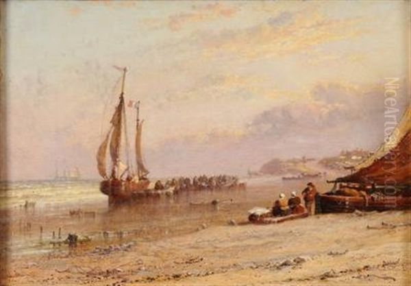 The Coast Of St. Malo, Evening; Fisherfolk Unloading A Beached Craft Oil Painting by Arthur Joseph Meadows