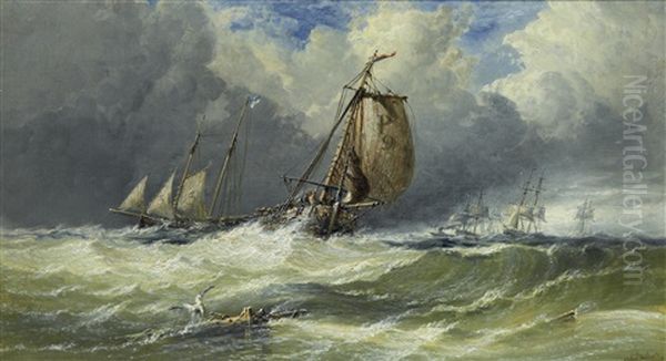 Fishing Vessels In Rough Weather Oil Painting by Arthur Joseph Meadows