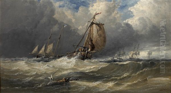 Fishing Vessels In Rough Weather Oil Painting by Arthur Joseph Meadows