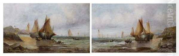 Ships At Low Tide (pair) Oil Painting by Arthur Joseph Meadows