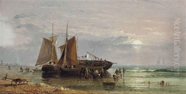 Unloading The Catch Onto The Beach At Scheveningen At Sunset Oil Painting by Arthur Joseph Meadows