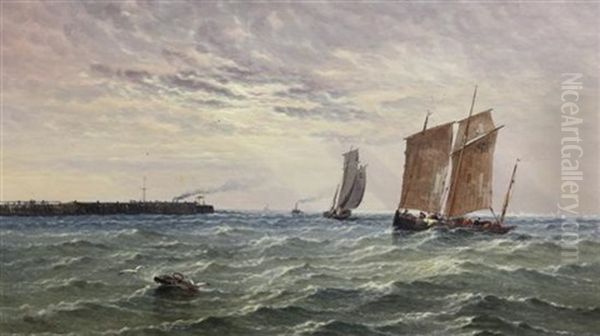 Calais Boats Going About Off Dunquerke Pier Oil Painting by Arthur Joseph Meadows