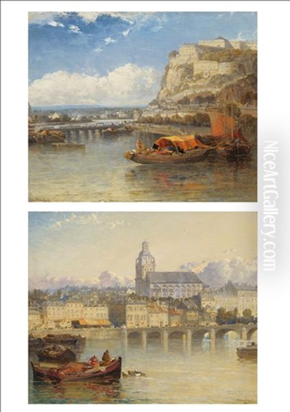 Continental River Scene With Figures In Boats Beside A Bridge; Continental River Scene With Rocky Fortress On A Hillside (pair) Oil Painting by Arthur Joseph Meadows