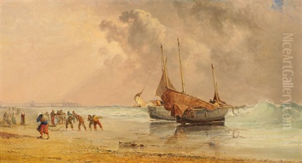 Beaching Boats In .... - Brighton Oil Painting by Arthur Joseph Meadows