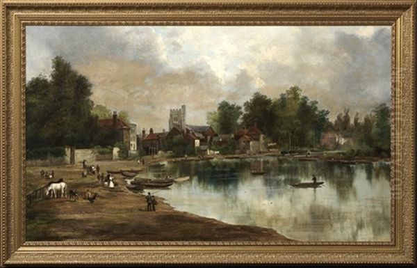 Extensive View Of A Riverside Village With Boats, Animals And Townsfolk On The Shore Oil Painting by Arthur Joseph Meadows