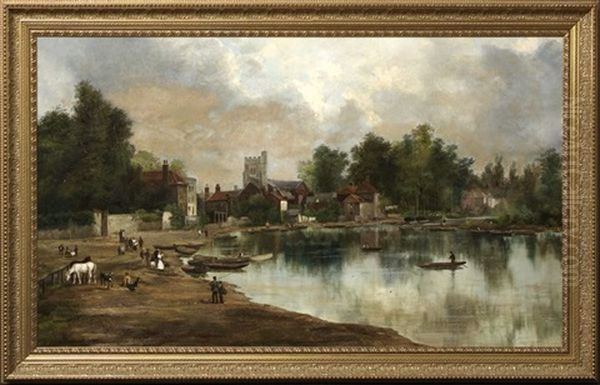 View Of A Riverside Village With Boats, Animals And Townsfolk On The Shore Oil Painting by Arthur Joseph Meadows