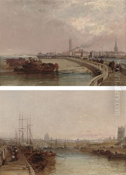 A View Of Calais From The River (+ Across The Bridge At Dunkirk; Pair) Oil Painting by Arthur Joseph Meadows