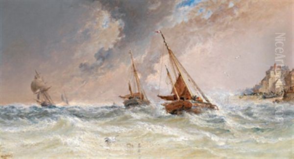 Anlandende Fischerboote Auf Bewegter See Vor Einem Sudenglischen Hafenstadtchen Oil Painting by Arthur Joseph Meadows