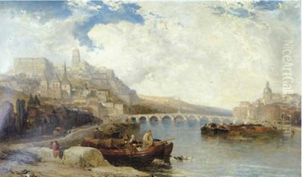 A River Landscape With Boats Moored By The Shore Oil Painting by Arthur Joseph Meadows