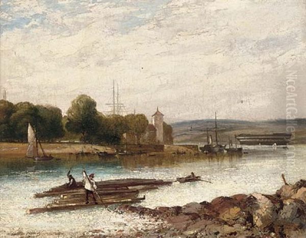 Barges On A River Oil Painting by Arthur Joseph Meadows