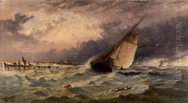 A Schooner Aground Off Dungeness Beach Oil Painting by Arthur Joseph Meadows