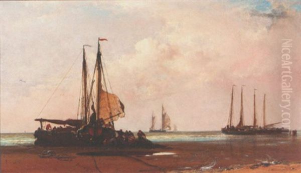 Dutch Boats Preparing For Sea, Near Schevenigen Oil Painting by Arthur Joseph Meadows