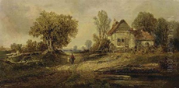 Figures On A Path By A Cottage In A Country Landscape Oil Painting by Arthur Joseph Meadows