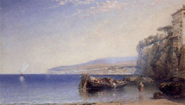 Sorrento Gulf Of Salerno - Fishermen Unloading The Catch Oil Painting by Arthur Joseph Meadows