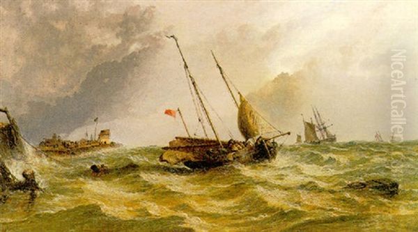 Luggers And Fishing Boats In Stormy Waters Oil Painting by Arthur Joseph Meadows