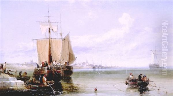 Dutch Boats In Harbour Oil Painting by Arthur Joseph Meadows