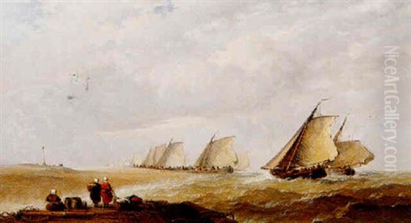 Watching The Fishing Fleet Depart Oil Painting by Arthur Joseph Meadows