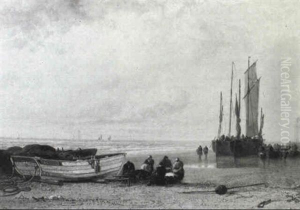 Luggers On The Beach At Treport Oil Painting by Arthur Joseph Meadows