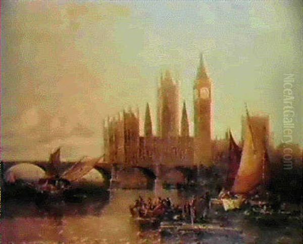 The Houses Of Parliament From The Thames Oil Painting by Arthur Joseph Meadows