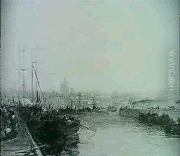 Dunkerque Harbour - Evening  Calais From The  Pier Oil Painting by Arthur Joseph Meadows