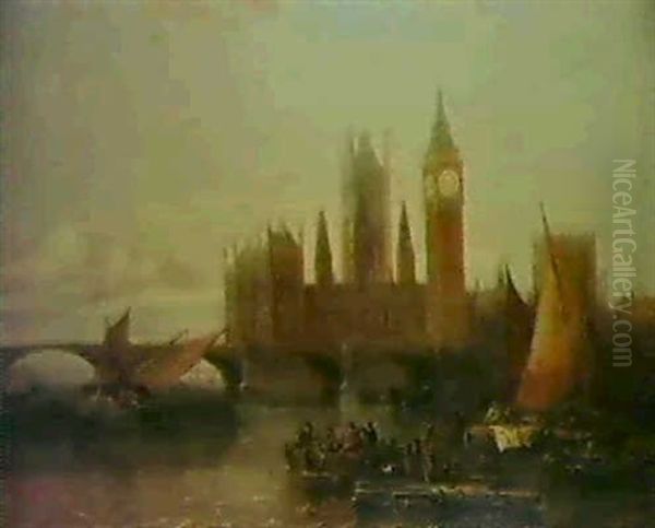 The Houses Of Parliament From The Thames Oil Painting by Arthur Joseph Meadows