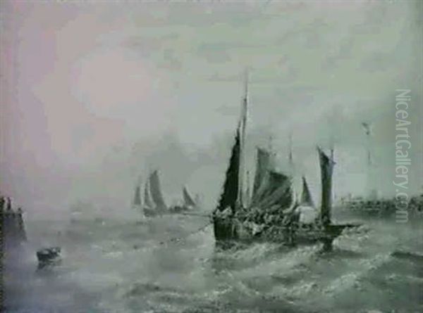 Fishing Boats In The Mouth Of The Dover Harbour Oil Painting by Arthur Joseph Meadows