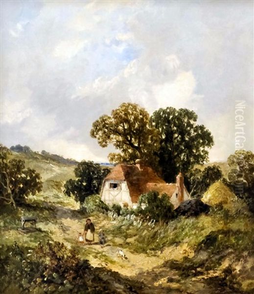 Figures On A Country Track With Half-timbered Cottage To Background Oil Painting by James E. Meadows