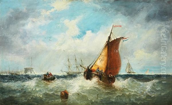 Coastal Scene With A Dutch Ship Oil Painting by James E. Meadows