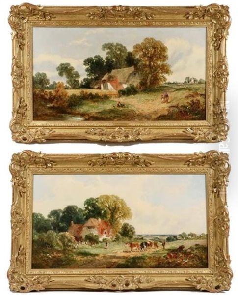 A Pair Of Sussex Farmstead Landscapes Oil Painting by James E. Meadows