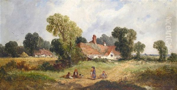 A Family On A Path By A Cottage Oil Painting by James E. Meadows