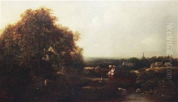 Extensive Landscape With Children Beside A Brook Oil Painting by James E. Meadows