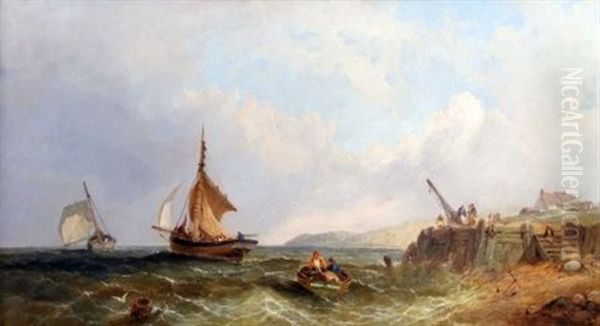 Fishing Boats Off A Coast Oil Painting by James E. Meadows