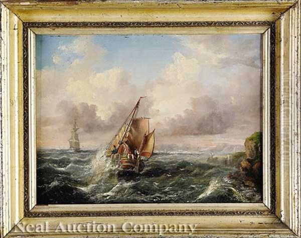 Sailboat In Stormy Seas Off A Rocky Coast Oil Painting by James E. Meadows