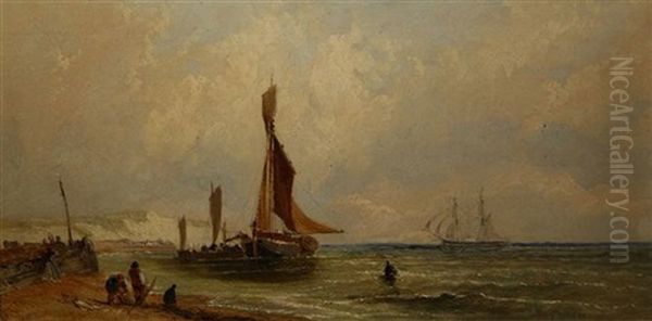 Shipping Off The Coast With Fishermen Landing Their Catch Oil Painting by James E. Meadows