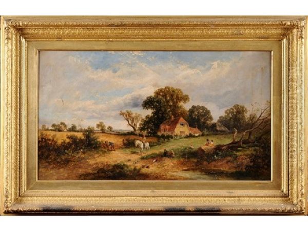 A Rural Scene, Horse And Figures By A Stream, Hay Fields And Cottage Beyond Oil Painting by James E. Meadows