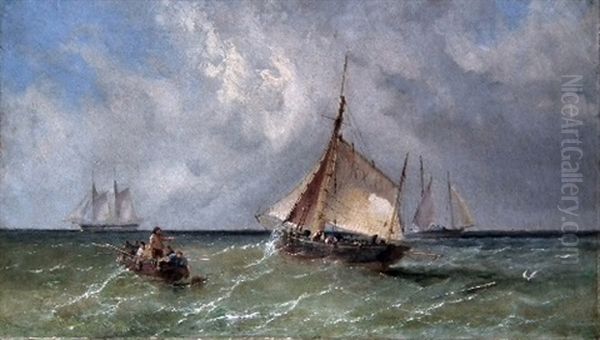 Fishing Boats Off Hastings Oil Painting by James E. Meadows