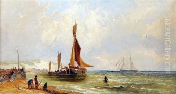 Coastal Scene With Fisherfolk And Shipping Oil Painting by James E. Meadows