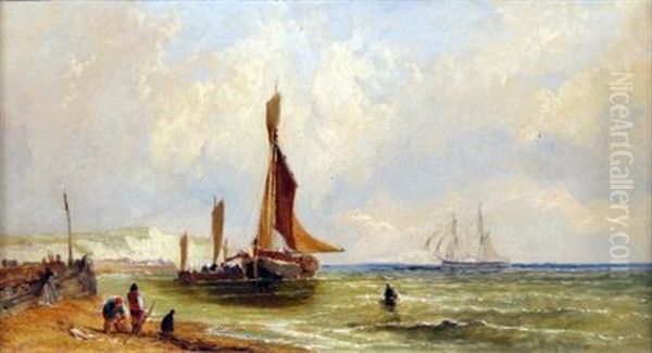 Coastal Scene With Fisherfolk And Shipping Oil Painting by James E. Meadows