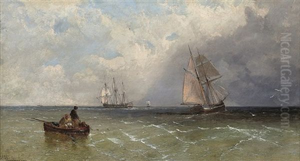 Hauling In The Lobster Pots Oil Painting by James E. Meadows